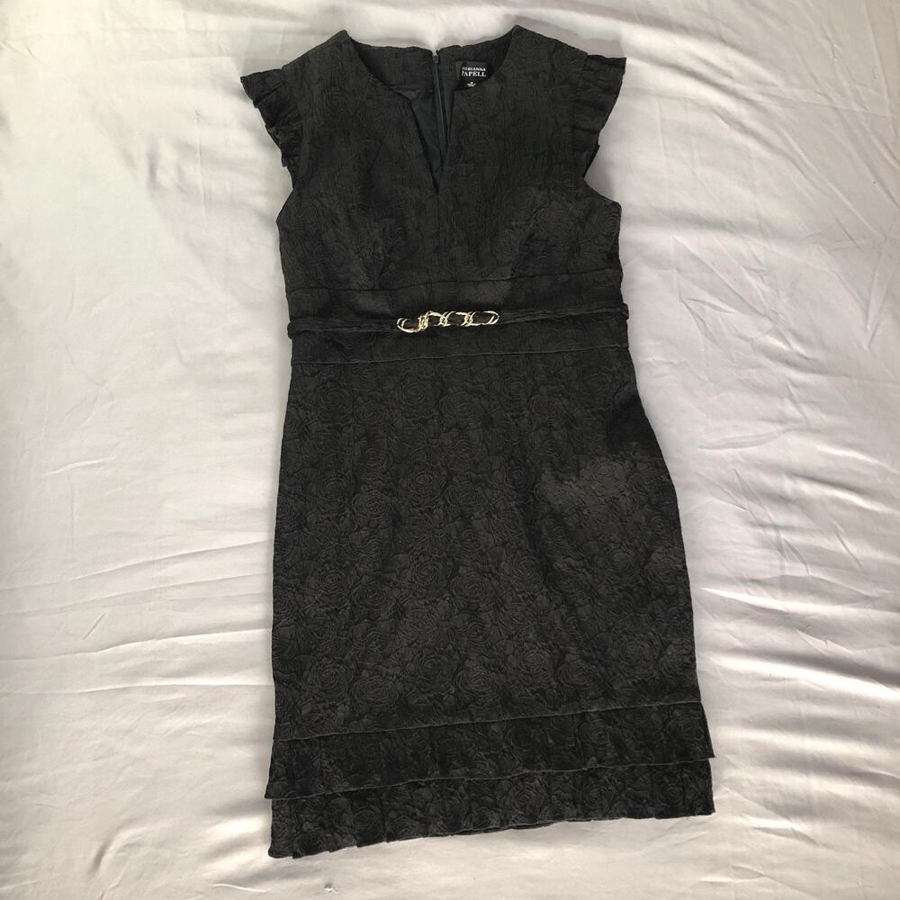 Adrianna Papell Ruffle Trim Black Floral Sheath Dress Womens Size 14 Sleeveless